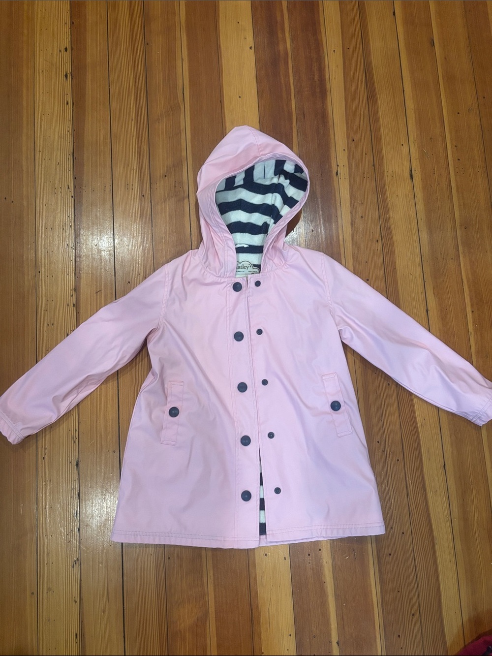 Hatley Light Pink Hooded Raincoat with Navy-White Striped Lining - Girls Size 8
